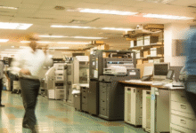 A group of people walking through an office space, passing by enterprise fax machines on the tables.