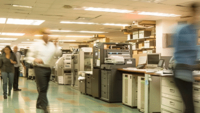 A group of people walking through an office space, passing by enterprise fax machines on the tables.