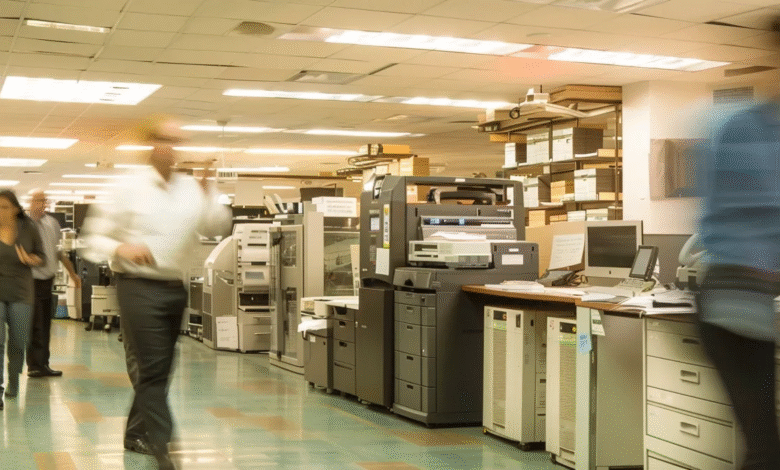 A group of people walking through an office space, passing by enterprise fax machines on the tables.